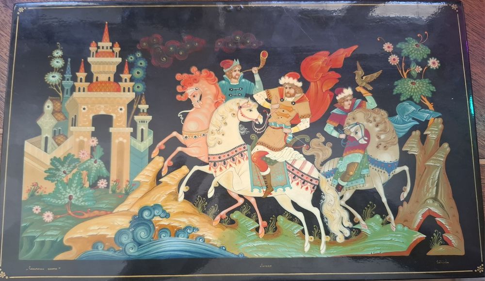 Obraz Palekh „Polowanie z sokołem” – ręcznie malowany, sygnowany