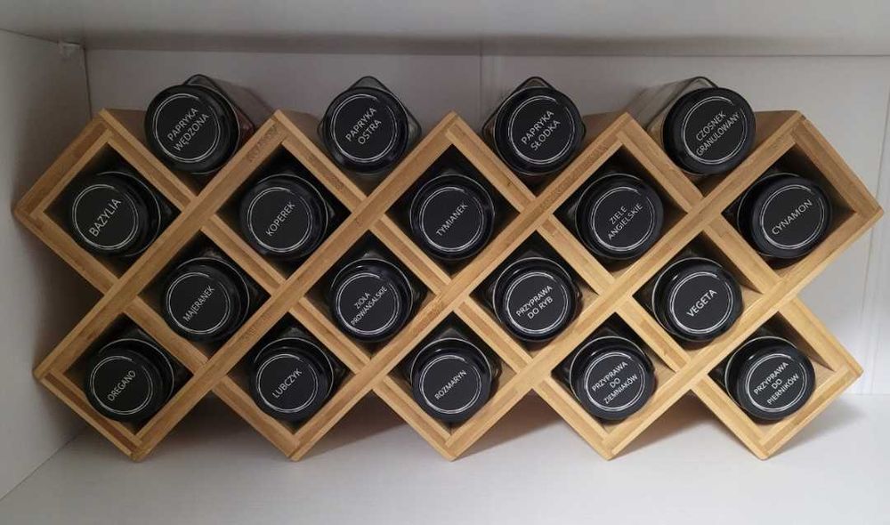 Pojemnik Stojak Przyprawnik Organizer Bambusowy Słoiczki Zestaw