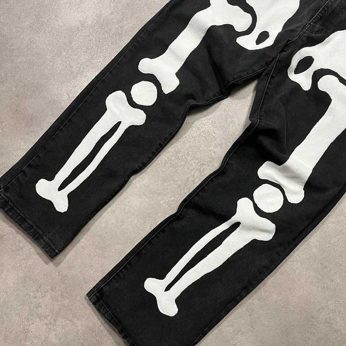 Spodnie Jeansy Skeleton Custom Hand Made Denim Pants Y2K Trendy Swag