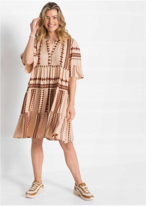 Beżowa sukienka z falbankami, styl folk 40/42