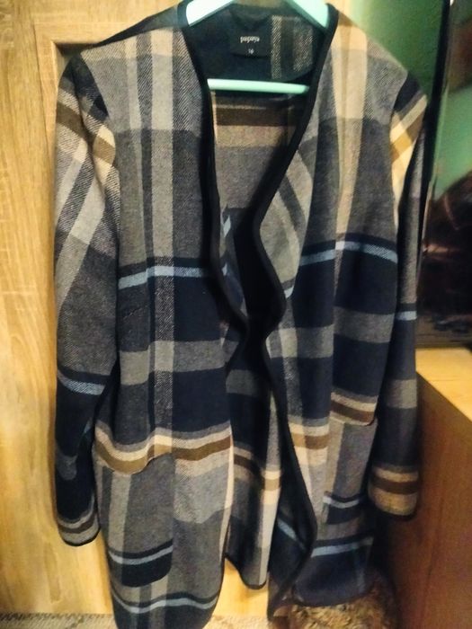 Kardigan żakiet płaszcz kieszenie długi krata damski Papaya XL XXL