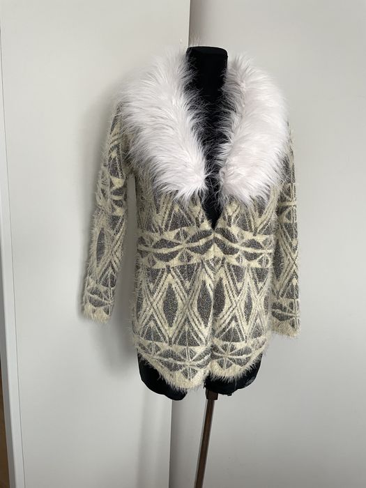 River island kardigan długi  sweter kanarkowy L 40 gruby z futrem