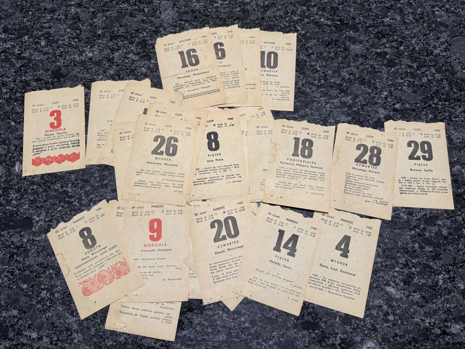 Komplet Kartki z kalendarza różne 1980 rok