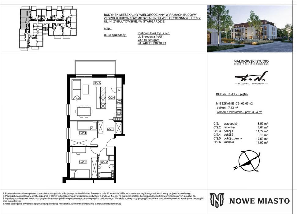 Mieszkanie C.2 w budynku A1 - 63,65 m² z balkonem 7 m²