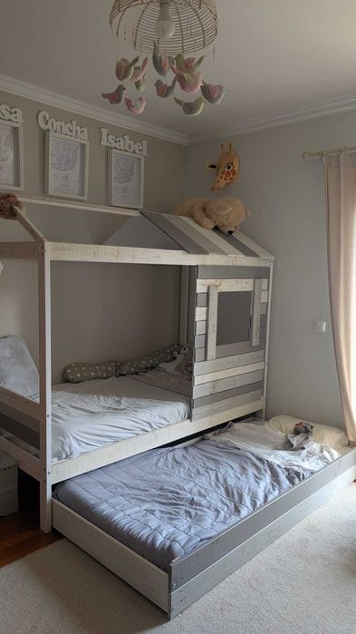 Cama Cabana Dupla 90x190cm branco e cinza + 1 colchão