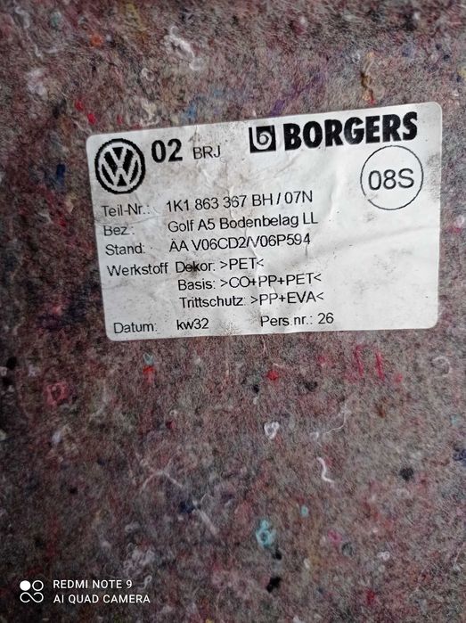 Wykładzina podłogi wnętrza VW Golf V G4