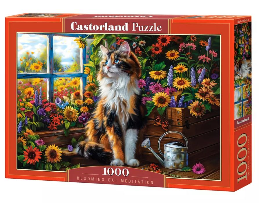Puzzle 1000 elementów. Medytujący kot wśród kwiatów. Castorland