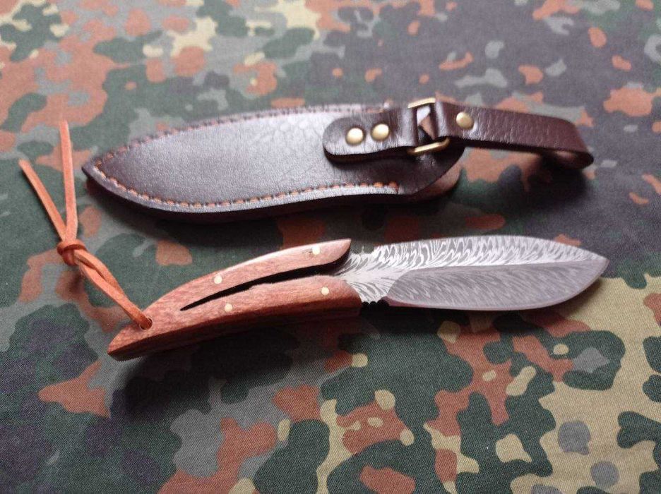 Туристичний ніж Пташине Перо Damascus Brown 20см,ручка дерево,чехол