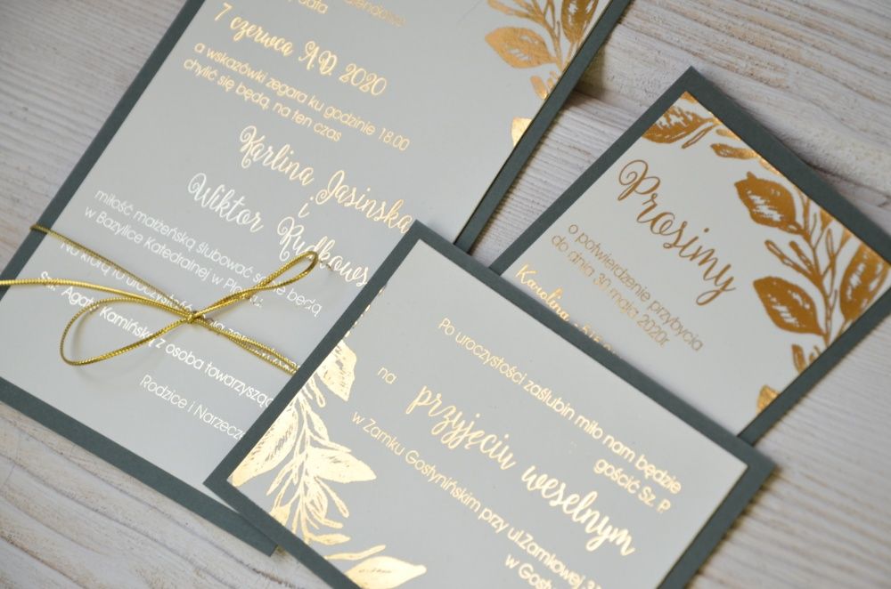 zaproszenia ślubne złocone, złote liście - 3 kartkowe