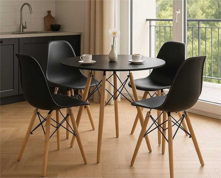NOWY Biały Czarny Okrągły Stół z Krzesłami Do Jadalni Kuchni Salonu FV