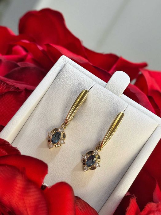 Złote Kolczyki Diamenty/Kamień Blue London Topaz/Próba 585 Sklep