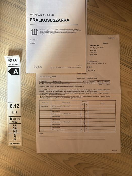 Pralka Szuszarka LG Vivance z fukcja pary 1400 obr