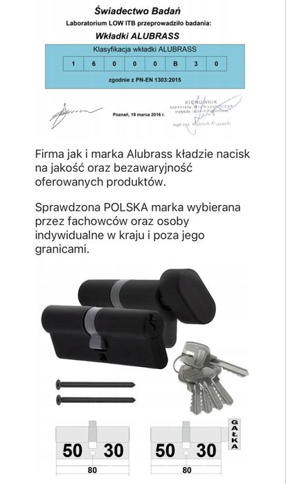 Komplet wkladek w systemie jednego klucza ALUBRASS
