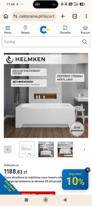 Wanna akrylowa Helmken Edelva 130 x 70 + Panel biały + Nóżki