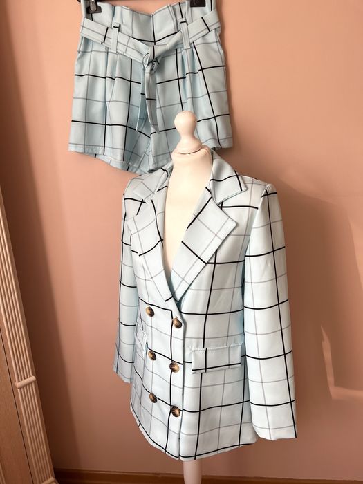 Garnitur w kratę komplet marynarka szorty do pracy na wyjście butik