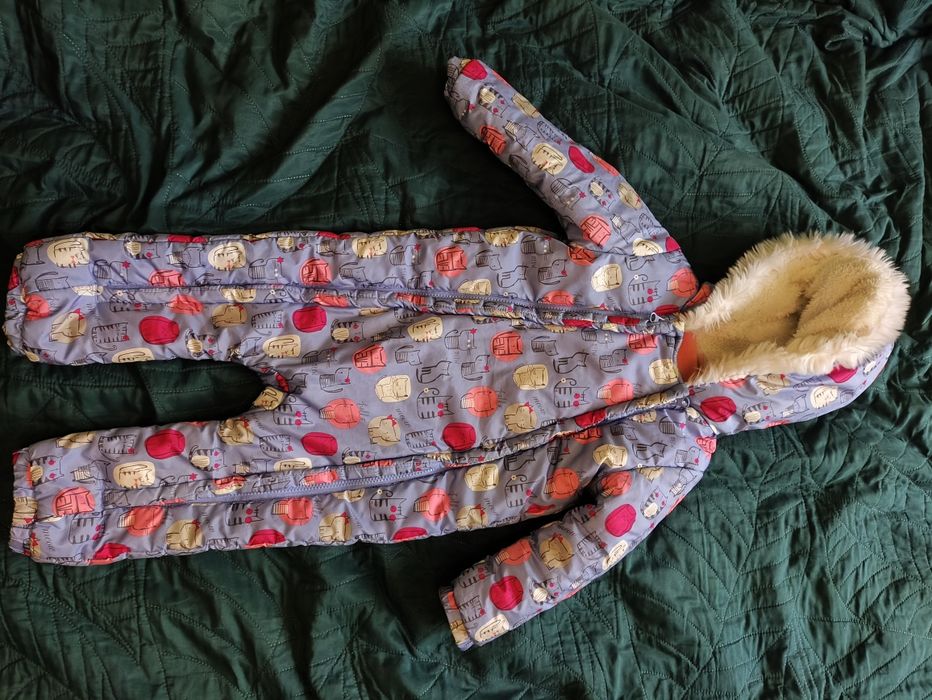 Kombinezon zimowy dziewczęcy 92 18-24m fioletowy koty kotki futerko