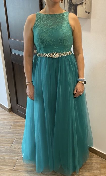 Suknia balowa zieleń tiul koronka kamienie