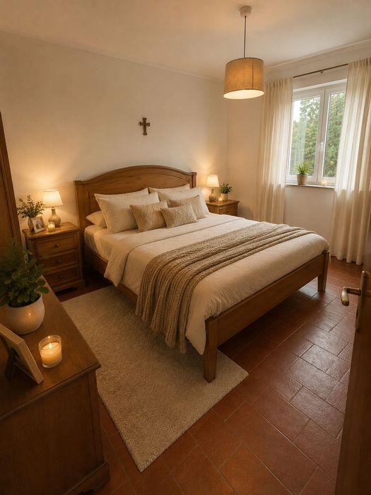 Cama de Casal em Madeira Maciça 140x190 + Estrado + Colchão + Topper