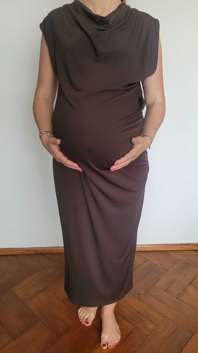 Brązowa długa sukienka ciążowa,  odkryte plecy, wesele i inna okazja