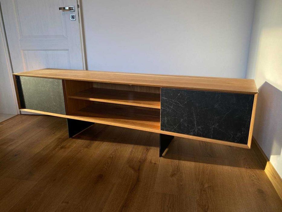 Szafka RTV, Lity Dąb, Spiek Kwarcowy, Loftowy Styl