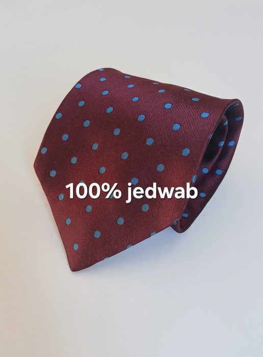Bordowy jedwabny krawat w niebieskie grochy