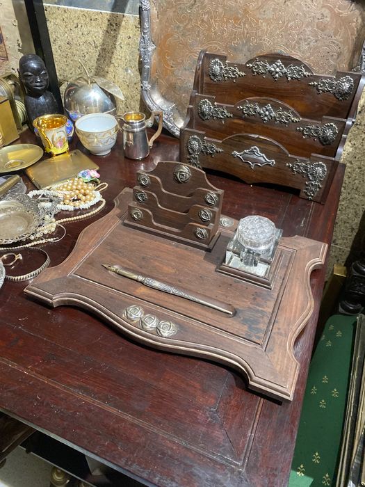 Tinteiro Secretária Pau Santo Prata Portuguesa Javali 31,5 por 23,5 cm