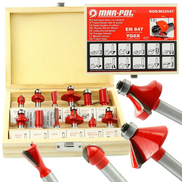 Frezy kształtowe do drewna 12el trzpień 8mm z łożyskiem M22547 NOWE