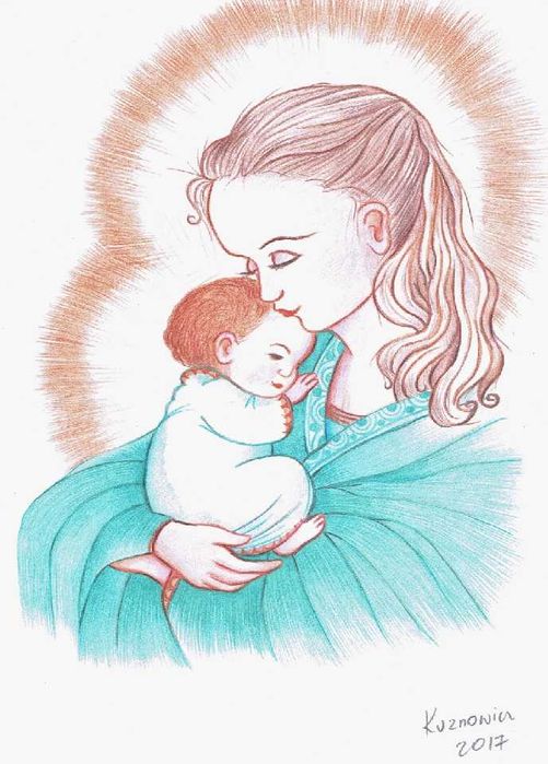 Obraz - rysunek Matka Boża i Jezus Chrystus / Maryja / Madonna