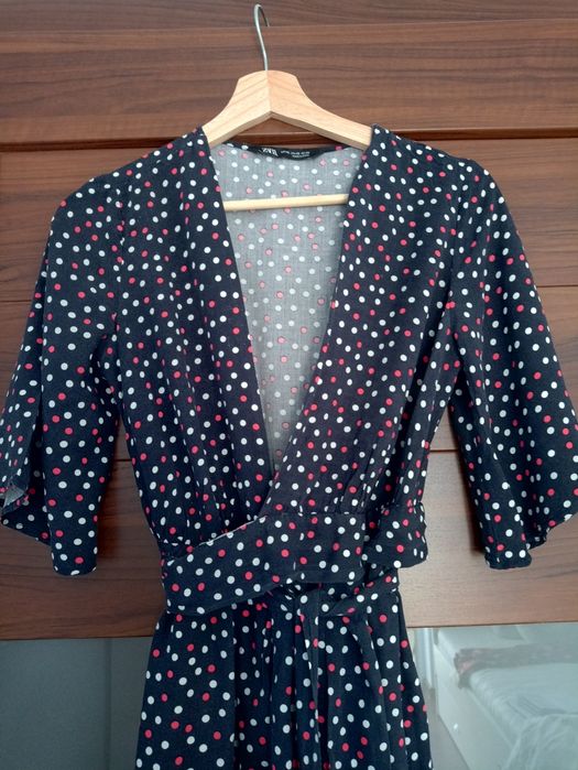 Zara sukienka XS 34 granatowa kropki wiskoza dluga