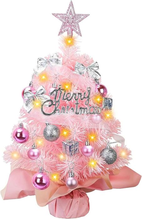 Choinka świąteczna mała różowa 60 cm z lampkami led ozdoby Boże nowa