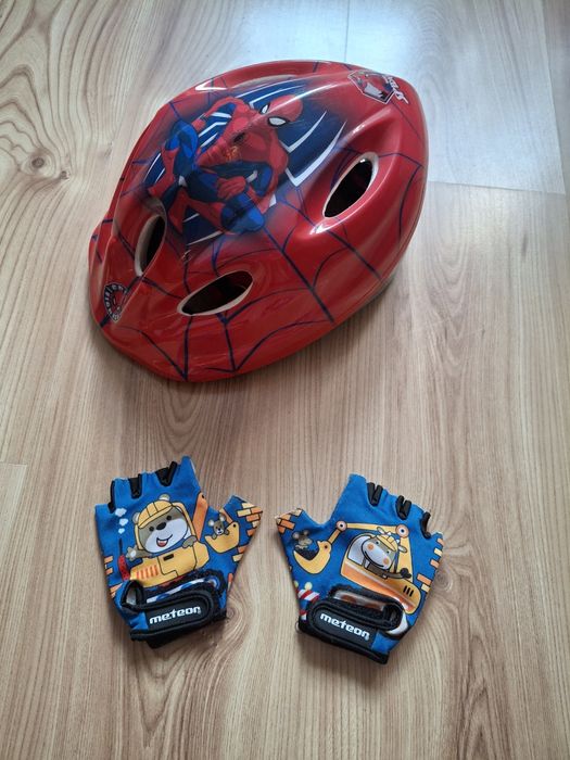 Kask spiderman 49-52 i rękawiczki rowerowe meteor