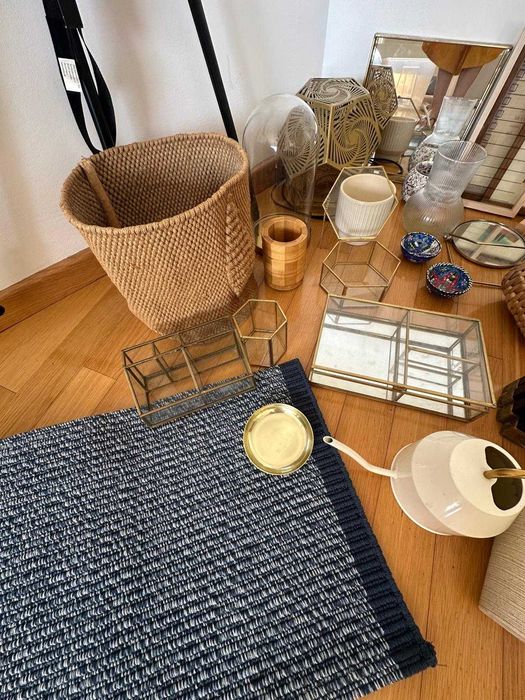 Lote decoração completo — cestos, vasos, caixas vidro, tapete