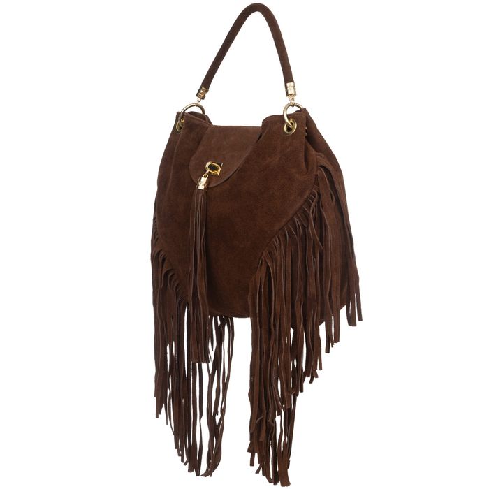 VERA PELLE torebka zamszowa worek z frędzlami i paskiem V571 brązowa
