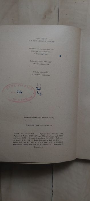 Eugenia Grandet - Honore Balzac 1955r Wydawnictwo Ossolińskich Wrocław