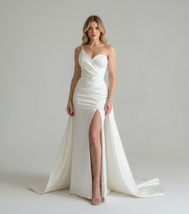 Suknia ślubna satyna biala Lavika 36 38 syrenka dopasowana tren gorset