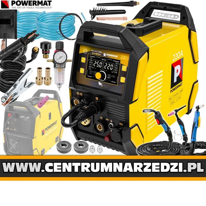 POWERMAT Spawarka Inwertorowa Migomat Półautomat 5w1 220A Plazma Mig Mag Mma Tig Lift PM1671