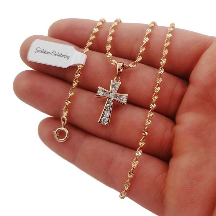 Pozłacany 18 k złotem łańcuszek singapur + krzyżyk GWARANCJA!