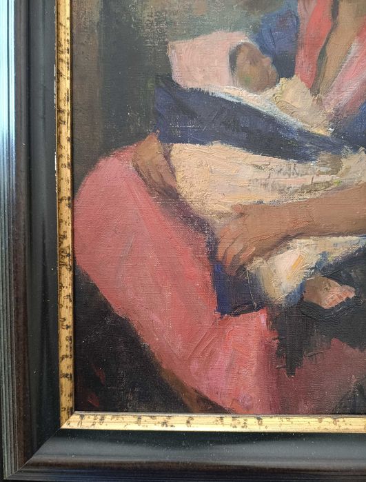 Amor de Mãe - Pintura Vintage a Óleo de Etienne Steel, datada de 1953 - Realismo Belga