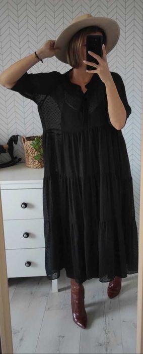 Zara czarna dluga szyfonowa sukienka w stylu boho oversize M/L