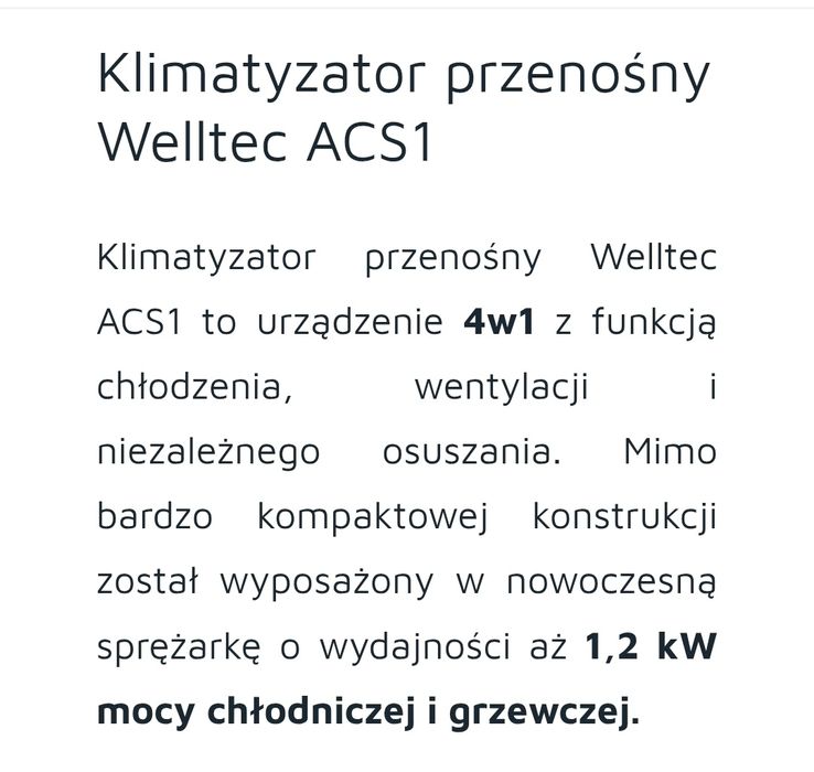 Klimatyzator przenośny split Welltec ACS1