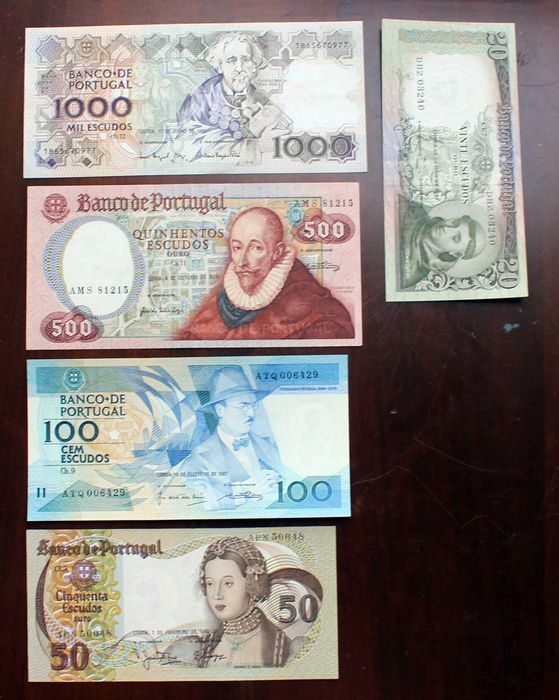 5 Notas Novas de Escudos dos anos 1964 a 1993