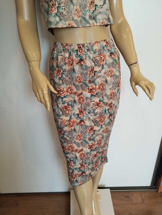 Komplet damski M crop top + spódnica midi kwiaty elastyczny letni boho