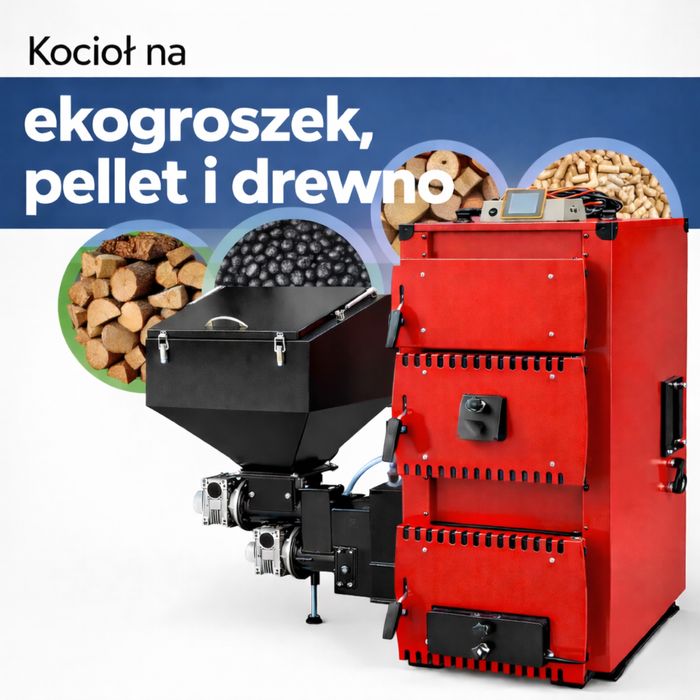 Kocioł Z Podajnikiem 12 kw do 120m 3 w 1 Na pellet Ekogroszek i Drewno