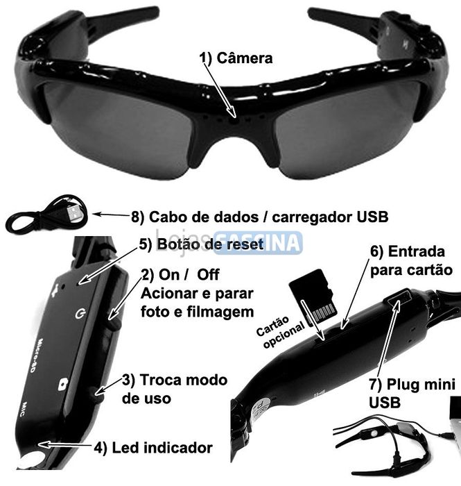 Óculos de sol com câmara de alta qualidade. Mini dv gravador de vídeo.