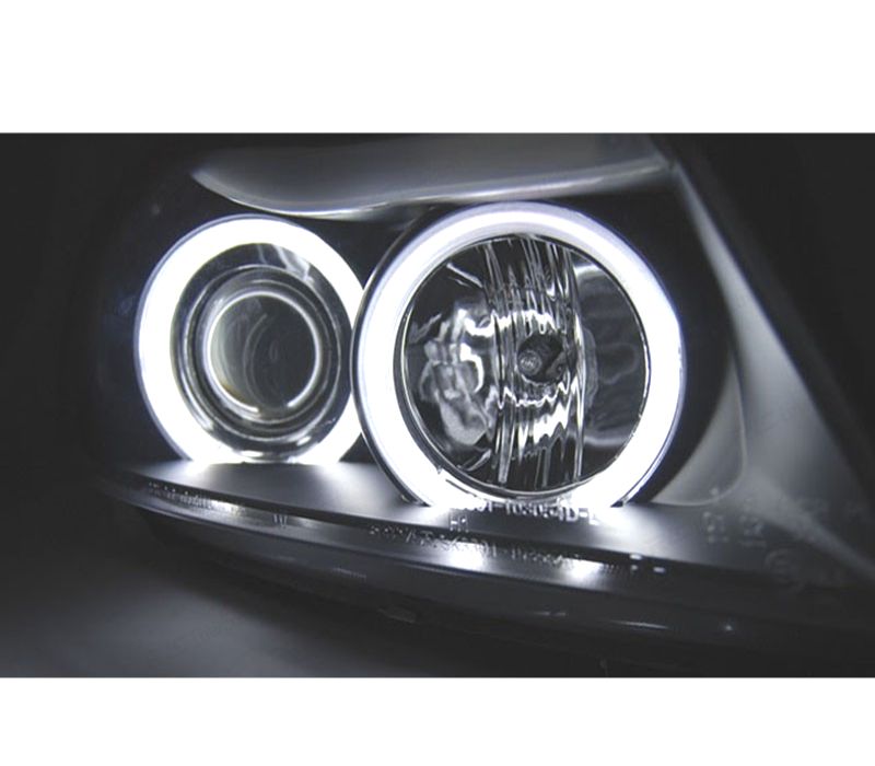 FARÓIS BMW E90 4P 05-08 ANGEL EYES CCFL FUNDO PRETO