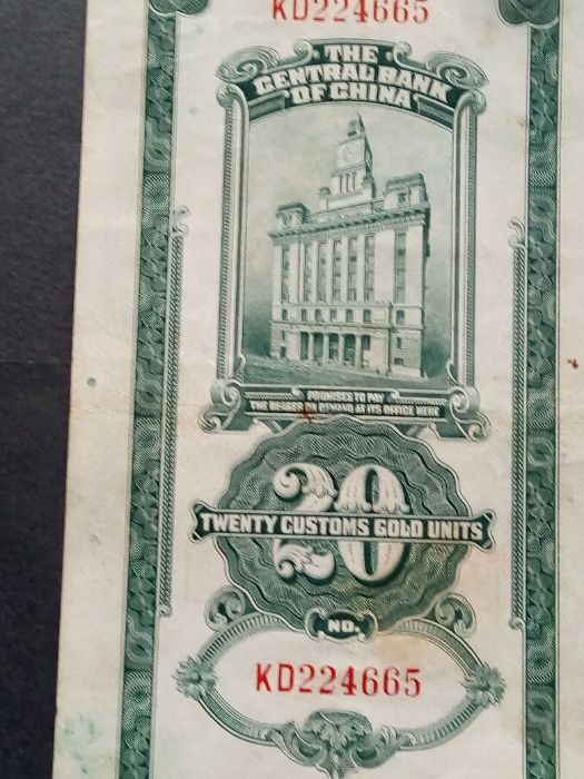 2 notas da China 1930,1947 20/2000 Customs Gold Units raras e belas
