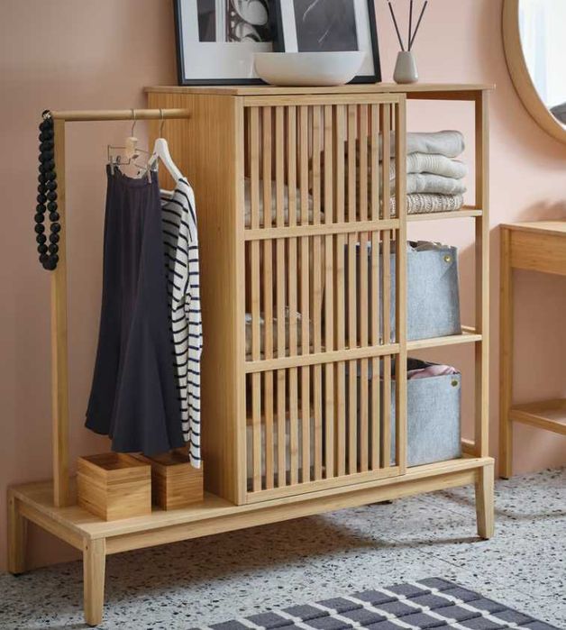 Roupeiro aberto com porta deslizante, bambu, 120x123 cm