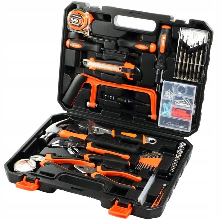 walizka narzędziowa 100el black – zestaw kluczy, bitów, młotek, szczyp