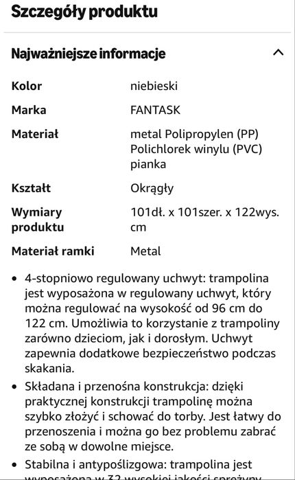 Minitrampolina śr 101cm z regulowanym uchwytem