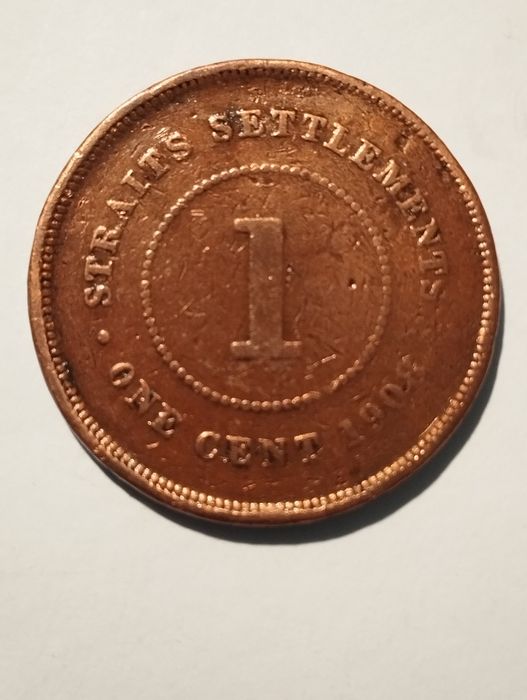 Moeda de 1 Cent 1908 Straits Settlements Malásia em Bronze